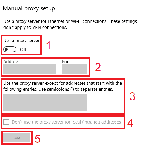 Windows: proxy settings screen