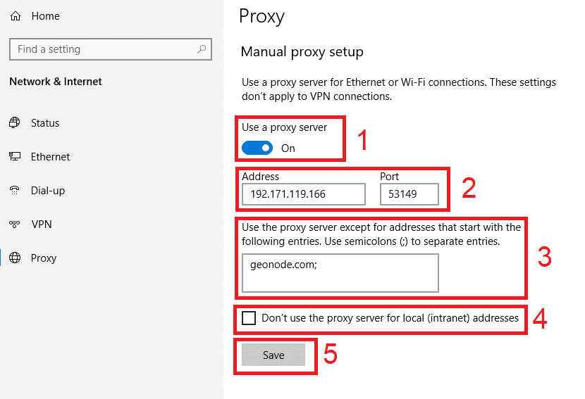 Windows: proxy settings screen